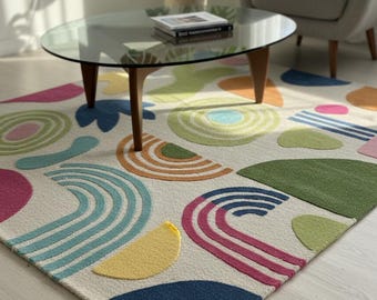 Hand Getufteter Wollteppich, Buntes Abstraktes Geometrisches Design