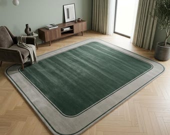 Handgetufteter Wollteppich, salbeigrüner Bordürenteppich, moderner minimalistischer Wohnzimmerteppich