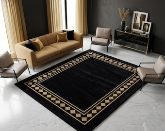 Hand Tufted Black Gold Geometric Wool Rug, Luxury Living Room Carpet