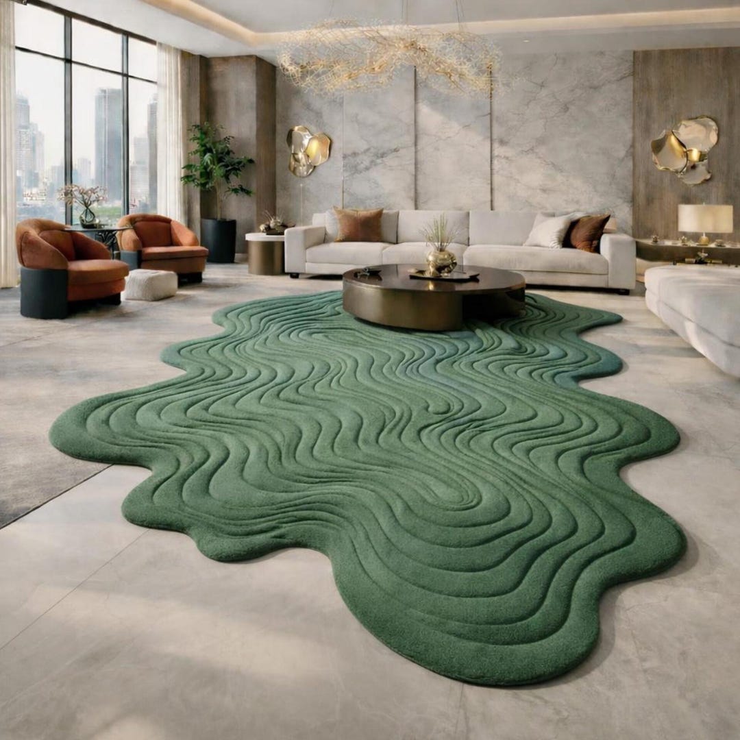 Hand Tufted Green Wave Rug, Organic Abstract Carpet, Modern Living Room ...