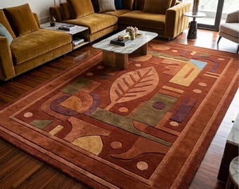 Abstract Hand Tufted Wool Rug, Terracotta Botanical Geometric Carpet, Modern Living Room Area