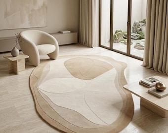 Handgetuft wollen abstract vloerkleed, modern neutraal woonkamertapijt