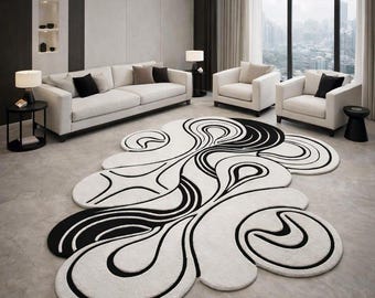 Alfombra de lana tejida a mano, forma orgánica abstracta en blanco y negro, alfombra de arte moderno.
