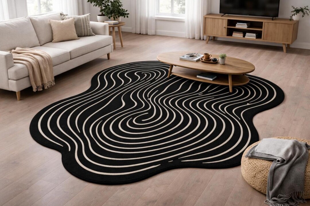 Handmade Wool Rug, Abstract Wavy Black & White Design, Modern Home ...