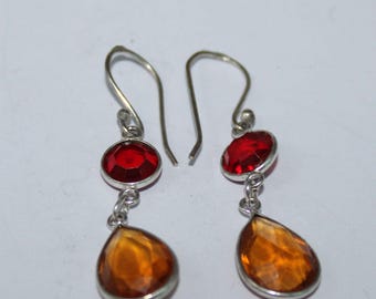 925 Sterling Silver Dangle Earrings, Red & Amber Teardrop Earrings, Handmade Gemstone Drop Earrings, Boho Statement Jewelry Gift For Women