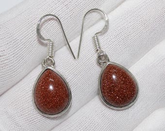 Goldstone Teardrop Earrings, 925 Sterling Silver Dangle Earrings, Brown Glitter Gemstone Jewelry, Handmade Drop Earrings,  Gift for Women