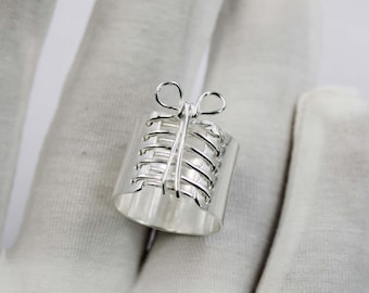 Solid 925 Sterling Silver Rib Cage Ring Gothic Lace-Up Bow Ring Anatomical Corset Ring Handmade Statement Jewelry Gift for Wedding