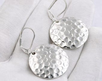 Hammered Sterling Silver Disc Earrings, Boho Dangle Earrings