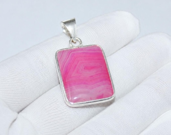 Pink Banded Agate Pendant, 925 Sterling Silver Rectangle Gemstone Necklace, Hot Pink Agate Jewelry, Striated Crystal Pendant, Gift for Her