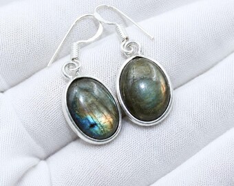 Handmade 925 Sterling Silver Blue Labradorite Oval Gemstone Stackable Silver earrings Jewelry  Gift for Mother's Day