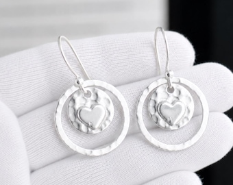 925 Sterling Silver Heart Hoop Earrings Handmade Dangle Earrings Minimalist Circle Earrings Gift for Women