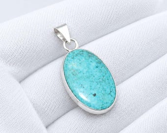 925 Sterling Silver Turquoise Pendant, Oval Genuine Turquoise Necklace Charm, Solid Silver Handmade Jewelry Birthstone Gift