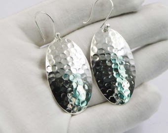 Hammered Sterling Silver Dangle Earrings, Textured Oval Drops