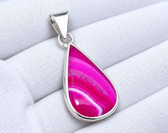 Pink Agate Teardrop Pendant 925 Sterling Silver Handmade Statement Necklace Jewelry Gift for Her