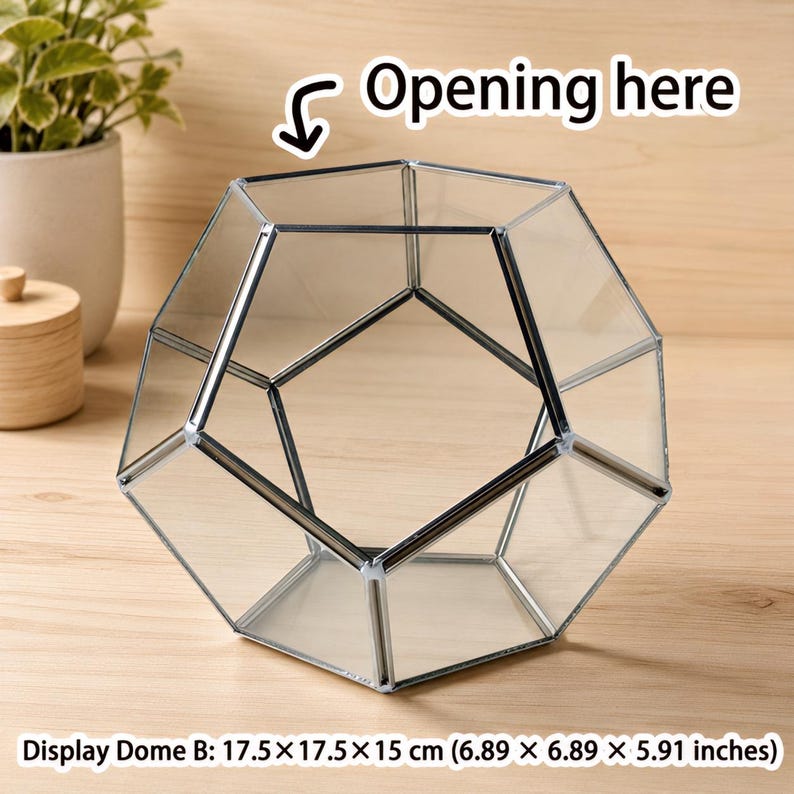May include: A clear glass geometric terrarium with a pentagonal frame and metallic edges. The object is labeled Display Dome B and measures 6.89 x 6.89 x 5.91 inches. An arrow points to the top opening with the text Opening here.