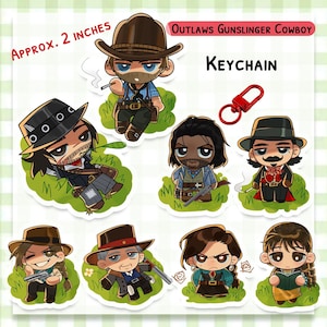 May include: A collection of cartoon-style keychain stickers featuring various cowboy characters, each approximately 2 inches in size. The stickers showcase cowboys in different outfits and poses, with a red keychain clip visible.