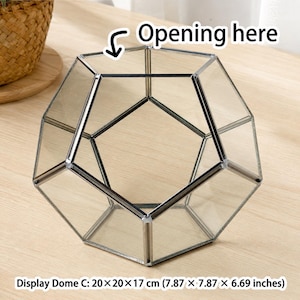 May include: A clear glass geometric terrarium with a metallic frame, shaped as a dodecahedron. The object features an open top section labeled with the text Opening here. It measures 7.87 x 7.87 x 6.69 inches, identified as Display Dome C.