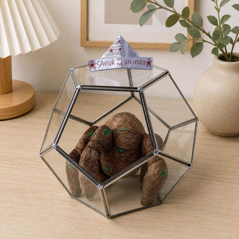 May include: A geometric glass terrarium with a silver metal frame containing a brown, textured, multi-legged creature plush with green accents. A small paper hat sits on top of the glass, featuring the text SAVIOR OF THE UNIVERSE with red stars.