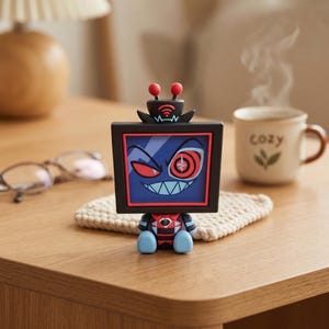 Puede incluir: Una peque&ntilde;a figura estilizada con una cabeza en forma de televisor negro, cuya pantalla muestra un personaje de dibujos animados con un ojo rojo, un ojo en espiral y dientes afilados. La figura tiene dos antenas rojas y un torso negro y rojo.