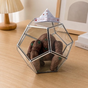 May include: A geometric glass terrarium with a silver metal frame containing a brown plush creature with green spots. A paper boat sits on top of the glass, featuring the text "SAVIOR OF THE UNIVERSE" and red star illustrations on each side.