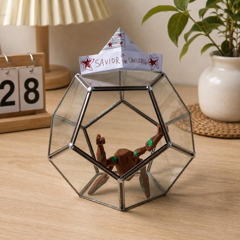 May include: A geometric glass terrarium with a metal frame containing a brown and green angular figurine. A white paper hat sits on top of the glass, featuring red stars and the handwritten text "SAVIOR OF THE UNIVERSE" in black ink.