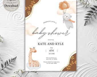 Gender Neutral Baby Animal Baby Shower Invite, Invitation Template, Digital Download, Canva, Editable