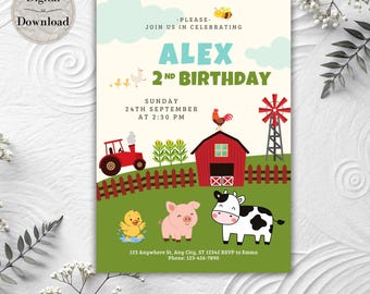 Farm Animal Birthday Invitation, Barnyard Theme, Editable Canva Template (Digital Download)