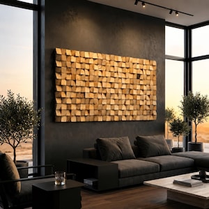 Arte de pared acústico de madera hecho a mano, panel geométrico grande, mosaico rectangular, bloques de madera, regalo de inauguración de la casa.