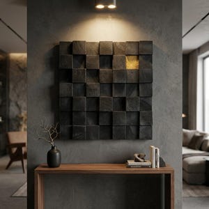 Schwarze 3D-Wandkunst aus Rauchholz, geometrisches Akustikpaneel, handgefertigter Würfel als Akzent, moderne Wohndekoration