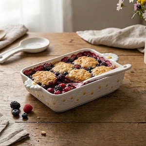 Peut inclure: Un plat de cuisson rectangulaire en céramique blanche avec des motifs de marguerites en relief sur les côtés et les poignées, rempli d'un crumble aux baies avec des biscuits dorés. Une cuillère en céramique blanche assortie est posée dedans.
