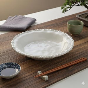 Puede incluir: Un cuenco de cerámica blanca con borde de cuentas. El cuenco está sobre una superficie de madera, con un plato pequeño azul y blanco, palillos y una taza de té verde. También hay una servilleta de lino gris.