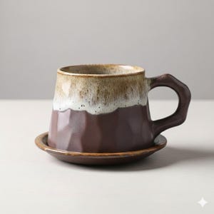 Peut inclure: Une tasse en céramique marron avec une soucoupe assortie. La tasse a un design géométrique et une anse. Le haut de la tasse est beige et blanc, tandis que le bas est marron foncé. La soucoupe est ronde et marron.