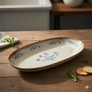 Pode incluir: Uma travessa oval para servir com uma superfície creme e uma borda marrom. A travessa é decorada com padrões florais e de folhas azuis. A borda tem um aspecto envelhecido. A travessa está sobre uma superfície de madeira.