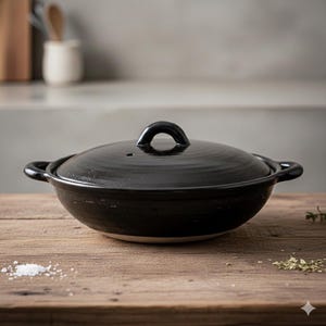 Peut inclure: Une marmite de cuisine en céramique noire avec un couvercle assorti. La marmite a deux poignées et une poignée en boucle sur le couvercle. La marmite est posée sur une surface en bois. La marmite mesure environ 25 cm de diamètre.