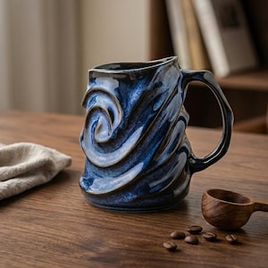 Peut inclure: Une tasse en céramique bleue faite à la main avec un design tourbillonnant unique. La tasse a une grande anse et un glaçage bleu foncé avec des reflets bleus clairs. Une petite cuillère en bois et des grains de café sont à côté.
