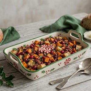 May include: A festive ceramic baking dish filled with stuffing. The dish has a white base with green trim and red holly and candy cane designs. The stuffing includes sweet potatoes, cranberries, and pecans. Two silver spoons are on the right.