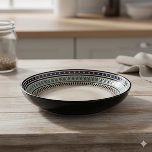 Può includere: Una ciotola in ceramica nera con interno color crema. Il bordo presenta un motivo decorativo con forme geometriche blu, turchese e bianche. La ciotola è appoggiata su una superficie di legno chiaro.