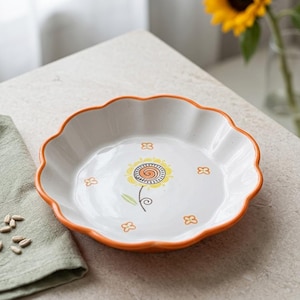 Bol de cerámica con girasol pintado a mano - Plato para pasta de 15 cm con borde festoneado - Plato de ensalada floral original - Decoración de cocina estilo cottagecore