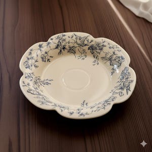 Puede incluir: Plato de cerámica blanquecina con borde festoneado y diseño floral y de pájaros en azul. El plato tiene un centro poco profundo y redondo y está sobre una superficie de madera oscura. El patrón floral es detallado.
