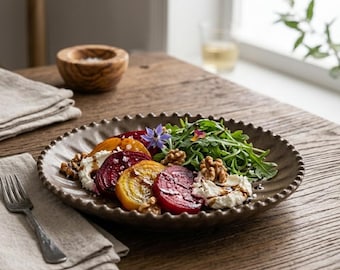 Ceramic Dinner Plate Brown Fluted Stoneware Dish, Gift for Foodie