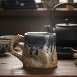 Peut inclure: Une tasse en céramique rustique de forme carrée, avec un extérieur beige texturé. La moitié supérieure est émaillée en bleu foncé avec un effet dégoulinant. La poignée est enveloppée de ficelle. De la vapeur s'élève de la tasse.