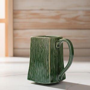 Peut inclure: Une tasse en céramique verte de forme carrée, avec un motif texturé de lignes verticales. La tasse a une anse incurvée et une base légèrement évasée. Conçue pour les boissons chaudes.