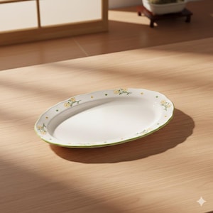 Può includere: Piatto ovale in ceramica bianca con bordo smerlato. Il piatto è decorato con motivi floreali gialli e pois verdi lungo il bordo e un bordo verde. Un pezzo decorativo per servire il cibo.