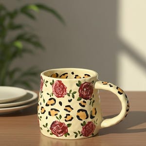 Retro chique mok met bloemen- en luipaardprint - Unieke keramische koffiekop