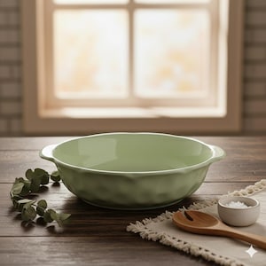 Op de afbeelding: Een lichtgroene keramische serveerschaal met twee handvatten. De kom heeft een getextureerde buitenkant en staat op een houten tafel. Een houten lepel, een kleine witte kom en groen zijn ook op de tafel.