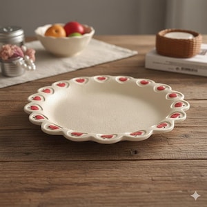 Peut inclure: Plat à servir en céramique blanc cassé avec un bord festonné, décoré de motifs rouges en forme de cœur. Le plat ovale est posé sur une surface en bois. Un bol de fruits est en arrière-plan.