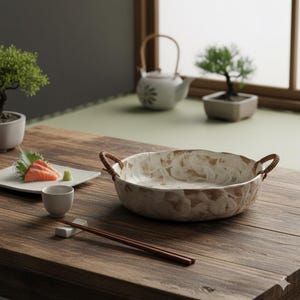 Peut inclure: Un bol de service en céramique avec un motif texturé blanc cassé et marron, avec des poignées tressées. Le bol fait partie d'une table sur le thème japonais, comprenant des baguettes, une petite tasse et une assiette de sashimi.