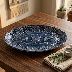 Large 16" Blue Embossed Ceramic Serving Platter - Scalloped Oval Dinnerware - Vintage Style Floral Serving Tray - Elegant Hostess Gift