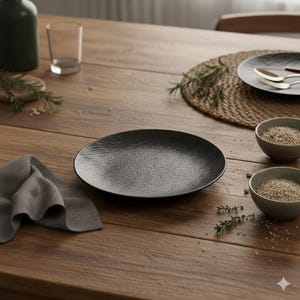 Peut inclure: Une assiette noire texturée sur une table en bois, avec une serviette grise, de petits bols de graines et un verre. Une deuxième assiette avec des couverts repose sur un dessous de plat tressé, avec des brins de romarin.