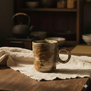 May include: A ceramic mug with a brown and cream marbled pattern. The mug has a circular handle and rests on a white linen cloth. The mug is on a wooden table, with a teapot and shelves in the background.